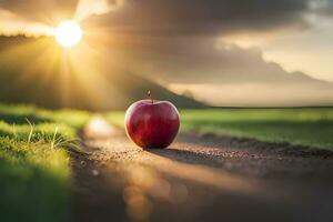 un manzana es sentado en el la carretera en frente de el Dom. generado por ai foto