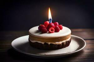 birthday cake with candle on top on dark background. AI-Generated photo