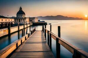 un muelle con un Iglesia en el antecedentes a puesta de sol. generado por ai foto