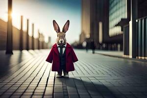 un Conejo vestido en un rojo Saco y atar. generado por ai foto