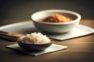 rice and curry in bowls on a wooden table. AI-Generated photo