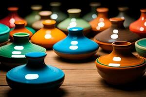 many colorful vases are sitting on a wooden table. AI-Generated photo