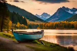 a boat sits on the shore of a lake at sunset. AI-Generated photo