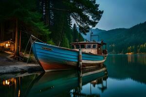 un barco se sienta en el apuntalar de un lago a noche. generado por ai foto