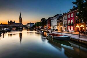 un canal en el medio de un ciudad a puesta de sol. generado por ai foto