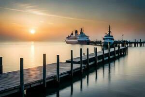 a cruise ship docked at the pier at sunset. AI-Generated photo