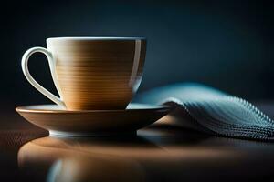 a cup and saucer on a table with a cloth. AI-Generated photo