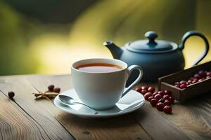 a cup of tea and a teapot on a wooden table. AI-Generated photo