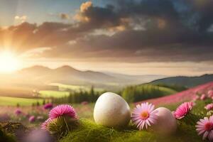 easter eggs in a field with flowers and mountains. AI-Generated photo