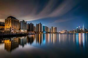 el ciudad horizonte es reflejado en el agua a noche. generado por ai foto