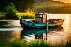 a boat is floating on the water at sunset. AI-Generated photo