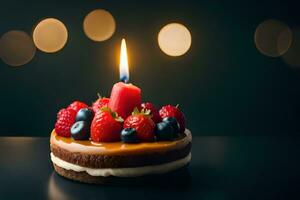 cumpleaños pastel con vela en parte superior con bayas y bayas. generado por ai foto