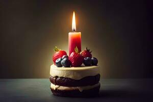 un pastel con bayas y un vela en cima. generado por ai foto