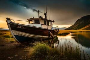 a boat sits on the shore of a river. AI-Generated photo