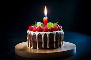 birthday cake with chocolate frosting and strawberry candles on dark background. AI-Generated photo