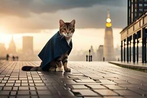 a cat wearing a cape on a city street. AI-Generated photo