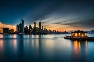 a boat dock and a city skyline at sunset. AI-Generated photo