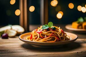 spaghetti with tomato sauce and vegetables on wooden table. AI-Generated photo