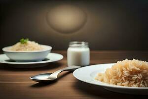 two plates with rice and milk on a table. AI-Generated photo