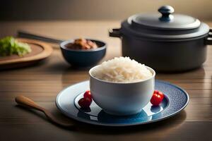 rice bowl with cherry tomatoes and a pot on the table. AI-Generated photo