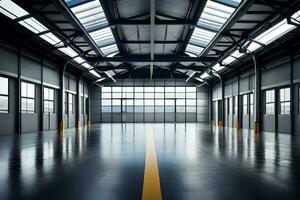 an empty warehouse with a large open space. AI-Generated photo