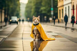 a cat wearing a yellow cape on a city street. AI-Generated photo