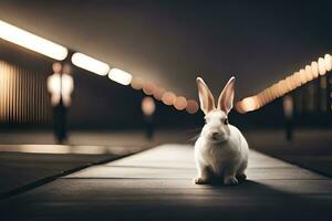 un Conejo es sentado en un hormigón piso en un oscuro habitación. generado por ai foto