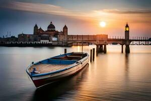 a boat sits on the water in front of a church. AI-Generated photo