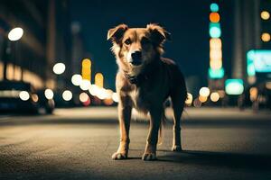 un perro en pie en el medio de un ciudad calle a noche. generado por ai foto