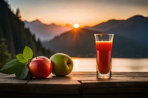 a glass of juice and apples on a table with mountains in the background. AI-Generated photo