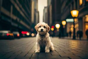 a dog sitting on the street in a city. AI-Generated photo