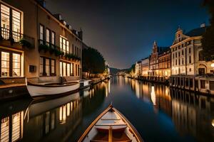 a boat is docked in a canal at night. AI-Generated photo