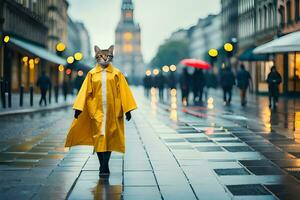 a fox wearing a yellow raincoat walking down a street. AI-Generated photo