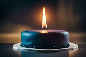 a blue birthday cake with a single candle. AI-Generated photo