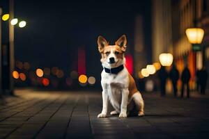 a dog sitting on the ground in front of a city street. AI-Generated photo