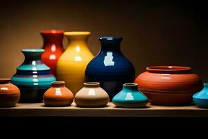 a group of colorful vases sitting on a shelf. AI-Generated photo