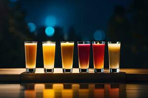 five different colored drinks are lined up on a table. AI-Generated photo