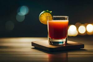 un vaso de rojo bebida con un Lima rebanada en cima. generado por ai foto