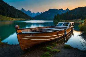 a boat sits on the shore of a lake at sunset. AI-Generated photo