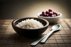 blanco arroz en cuenco y cuchara en bambú estera. generado por ai foto