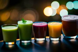five different types of juices are lined up in a row. AI-Generated photo
