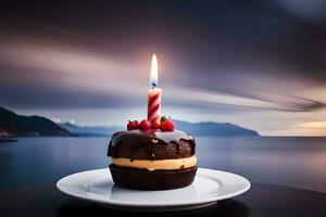 a chocolate cake with a candle on top. AI-Generated photo