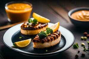 grilled salmon steak with broccoli and lemon on a black plate. AI-Generated photo