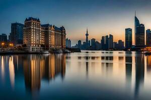 el ciudad horizonte es reflejado en el agua a puesta de sol. generado por ai foto