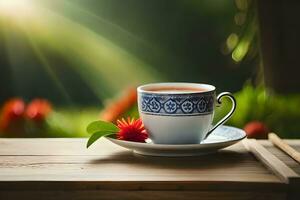 un taza de té en un de madera mesa con un flor en el antecedentes. generado por ai foto