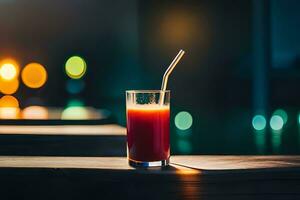 a glass of juice sitting on a table in front of a blurred background. AI-Generated photo
