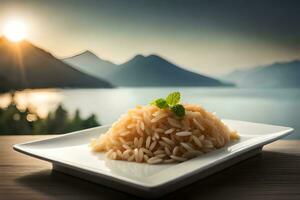 rice with mint on a plate in front of the lake. AI-Generated photo