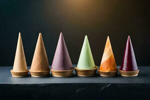 different flavors of ice cream cones on a dark background. AI-Generated photo