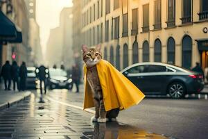 a cat wearing a yellow cape on a city street. AI-Generated photo