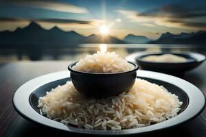 rice and candle on a plate with a sunset in the background. AI-Generated photo